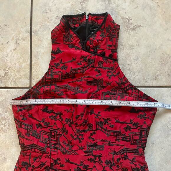 Josie Natori size 10 Silk Pagoda Embroidered Red Black Cheongsam Cocktail Dress - Picture 5 of 15